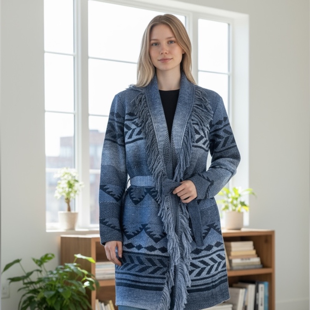 NWT Badgley Mischka Stylish Blue Fringe Cardigan with Geometric Pattern Medium